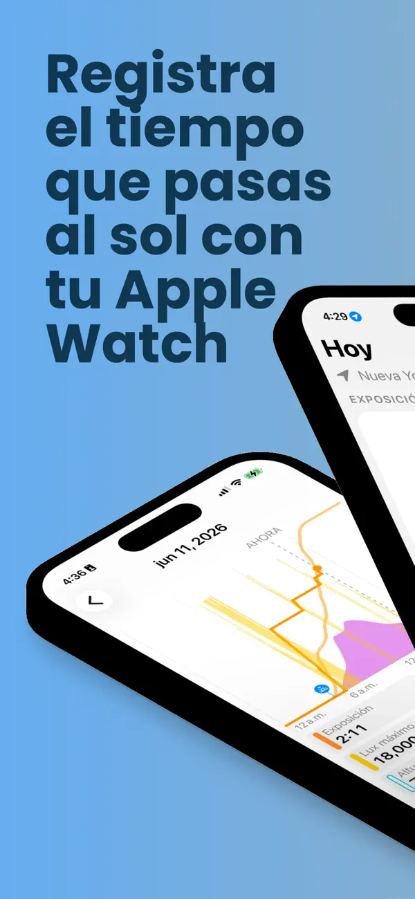 Pantalla Hoy y mapa del sol del día, con el texto «Registra el tiempo que pasas al sol con tu Apple Watch»