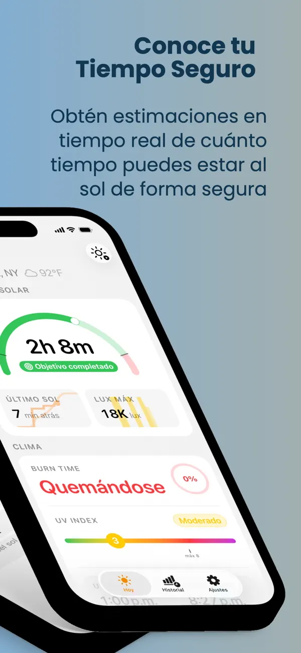 Pantalla Hoy con el tiempo de quemadura y el índice UV, con el texto «Conoce tu tiempo seguro»