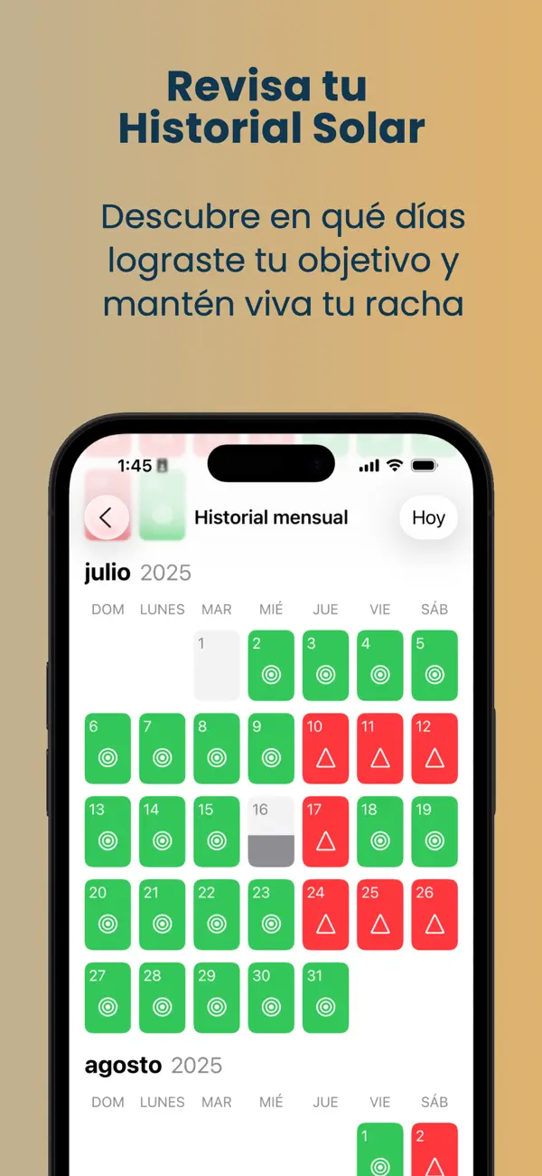 Calendario de historial mensual con el resultado de cada día, con el texto «Revisa tu historial solar»