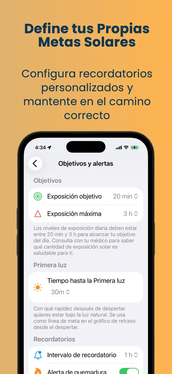 Ajustes de Objetivos y alertas con el rango del objetivo, el tiempo hasta la Primera luz y la alerta de quemadura, con el texto «Define tus propias metas solares»