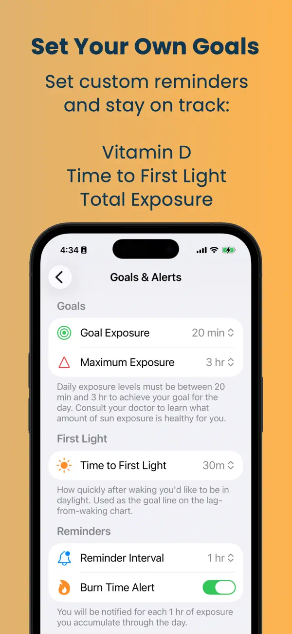 Goals & Alerts settings with goal range, Time to First Light and Burn Time Alert, captioned “Set your own goals”