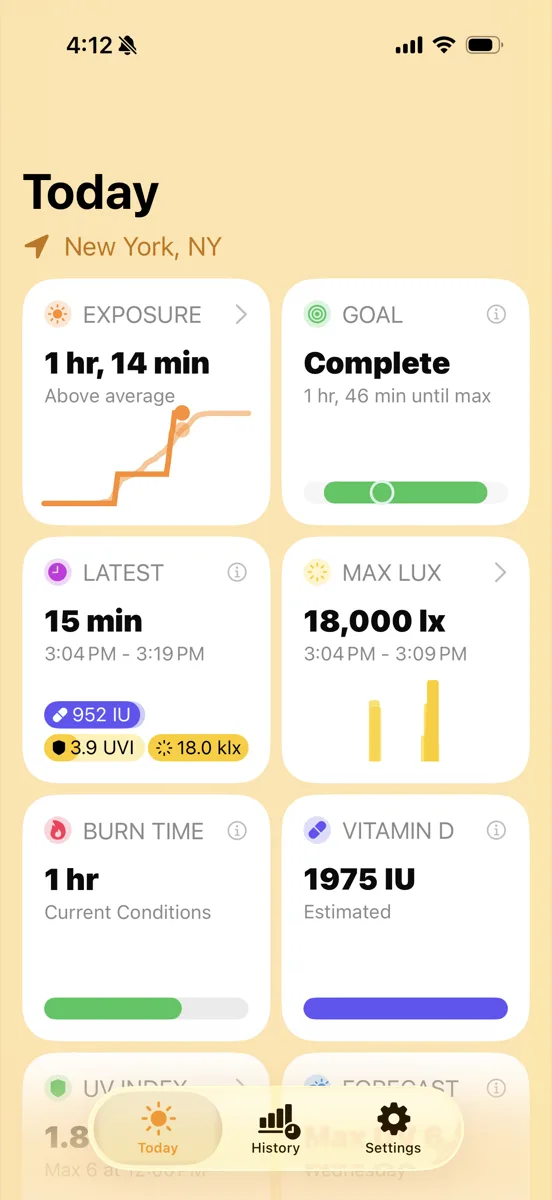 Pantalla Hoy de Sun Exposure: 1 h 14 min de exposición, objetivo completado, 1 h de tiempo de quemadura y 1975 UI de vitamina D